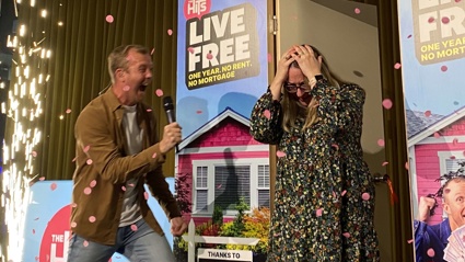 The Hits Drive time host Matty McLean congratulates Christchurch homeowner Shona Robertson on her win. Photo / Supplied